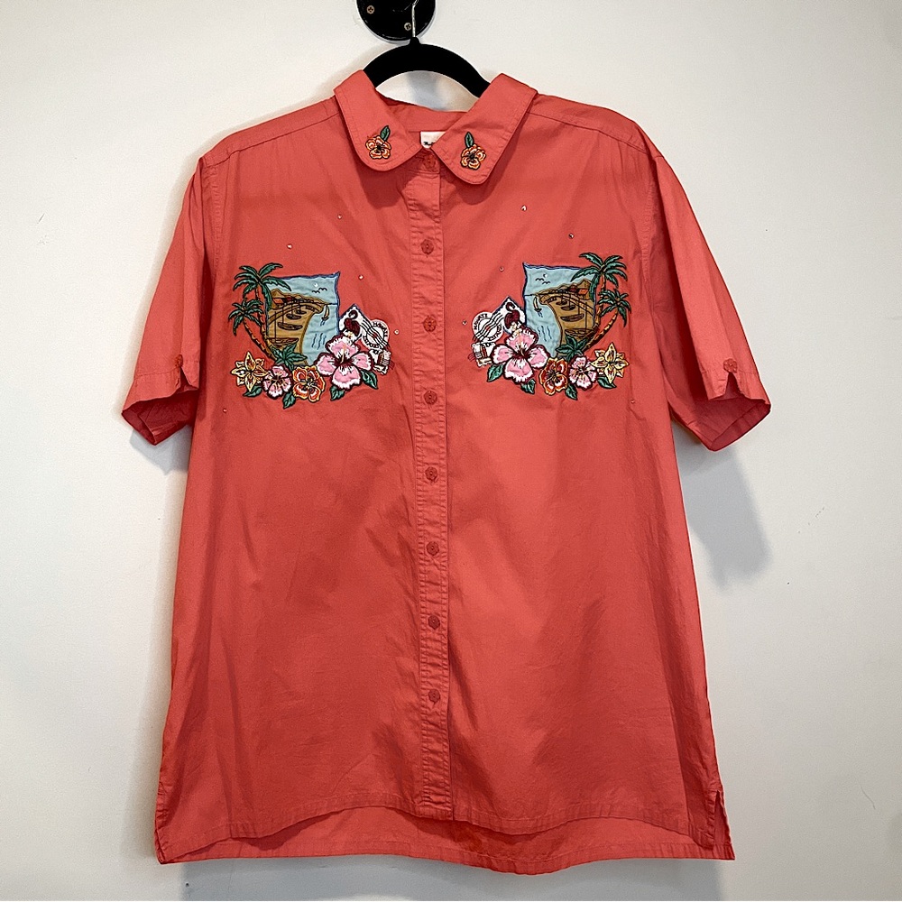 Vintage Bobbie Brooks Coral Island Embroidered Beach Rhinestone Button down